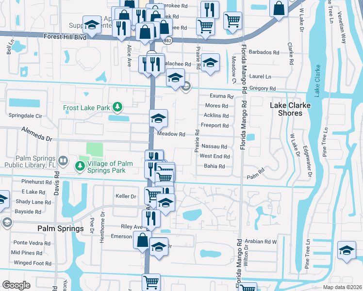 map of restaurants, bars, coffee shops, grocery stores, and more near 2812 Meadow Road in West Palm Beach