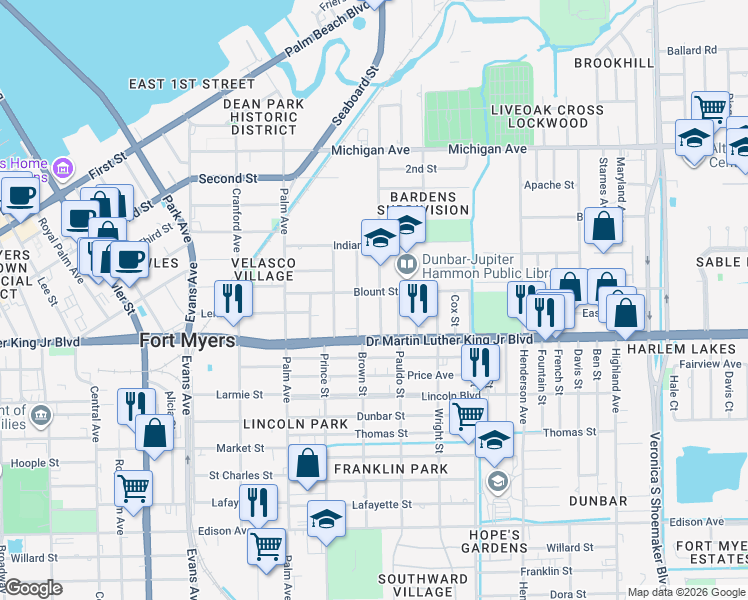 map of restaurants, bars, coffee shops, grocery stores, and more near 1857 High Street in Fort Myers