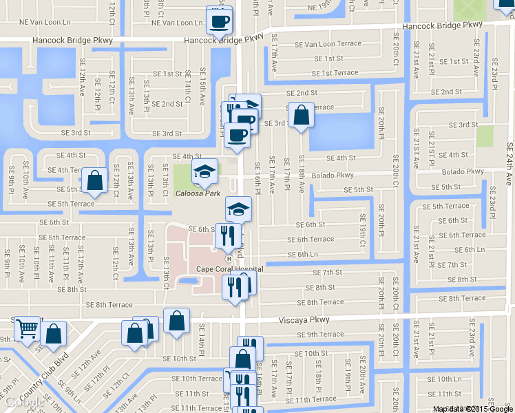 map of restaurants, bars, coffee shops, grocery stores, and more near 507 Del Prado Boulevard South in Cape Coral