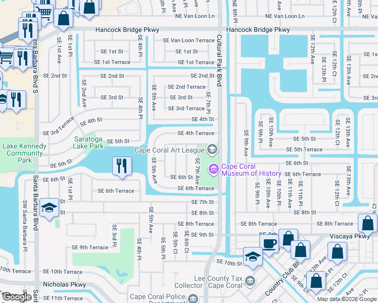 map of restaurants, bars, coffee shops, grocery stores, and more near 505 Southeast 6th Place in Cape Coral