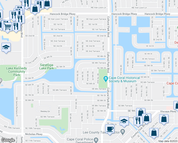 map of restaurants, bars, coffee shops, grocery stores, and more near 505 Southeast 6th Place in Cape Coral