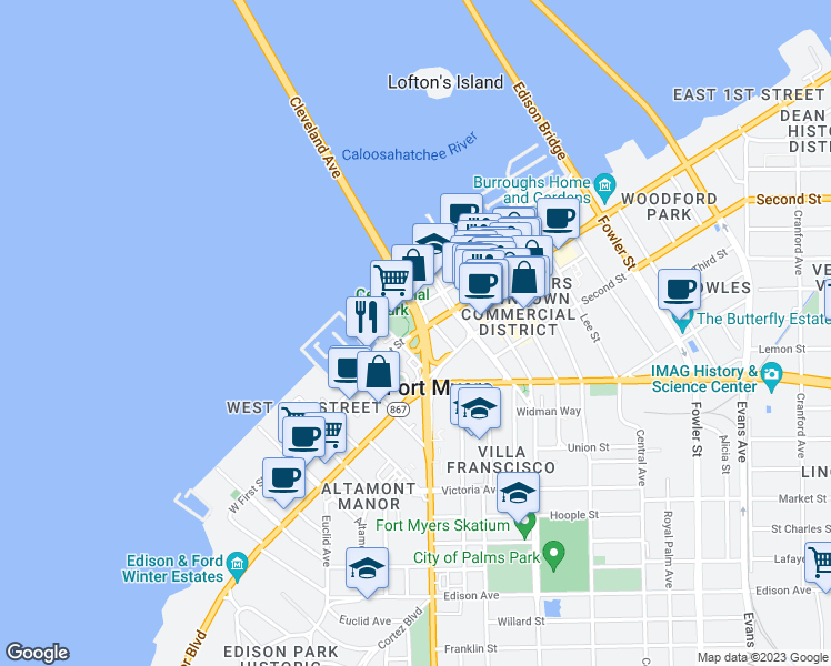 map of restaurants, bars, coffee shops, grocery stores, and more near 1905 West First Street in Fort Myers