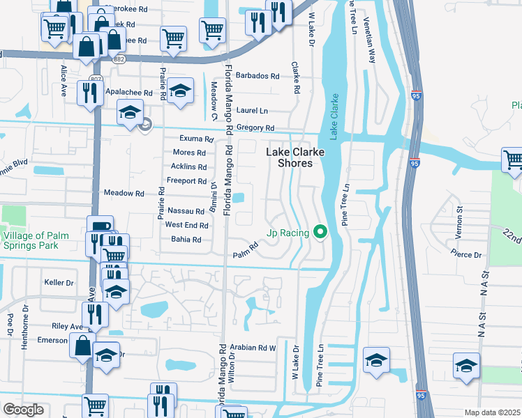 map of restaurants, bars, coffee shops, grocery stores, and more near 2285 Palm Road in West Palm Beach