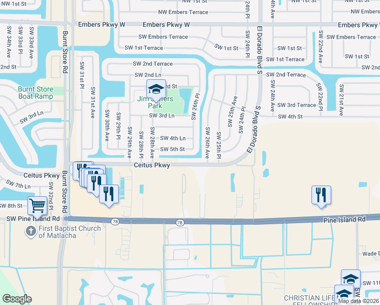map of restaurants, bars, coffee shops, grocery stores, and more near 2622 Southwest 5th Street in Cape Coral