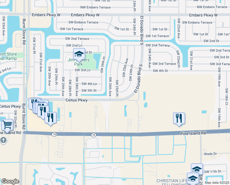 map of restaurants, bars, coffee shops, grocery stores, and more near 424 Southwest 25th Place in Cape Coral