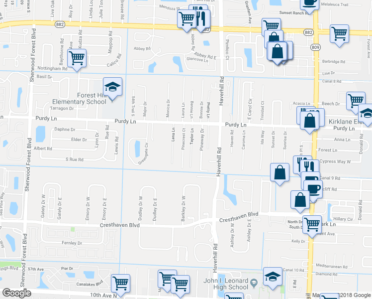 map of restaurants, bars, coffee shops, grocery stores, and more near 2384 Pinecrest Court in West Palm Beach