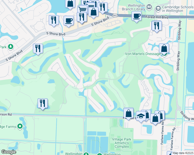 map of restaurants, bars, coffee shops, grocery stores, and more near 2611 Muirfield Court in Wellington