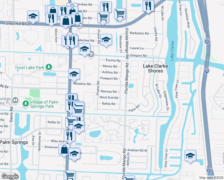 map of restaurants, bars, coffee shops, grocery stores, and more near 2622 Meadow Road in West Palm Beach