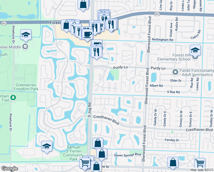map of restaurants, bars, coffee shops, grocery stores, and more near 231 Foxtail Drive in Greenacres