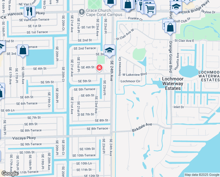 map of restaurants, bars, coffee shops, grocery stores, and more near 522 Southeast 24th Avenue in Cape Coral