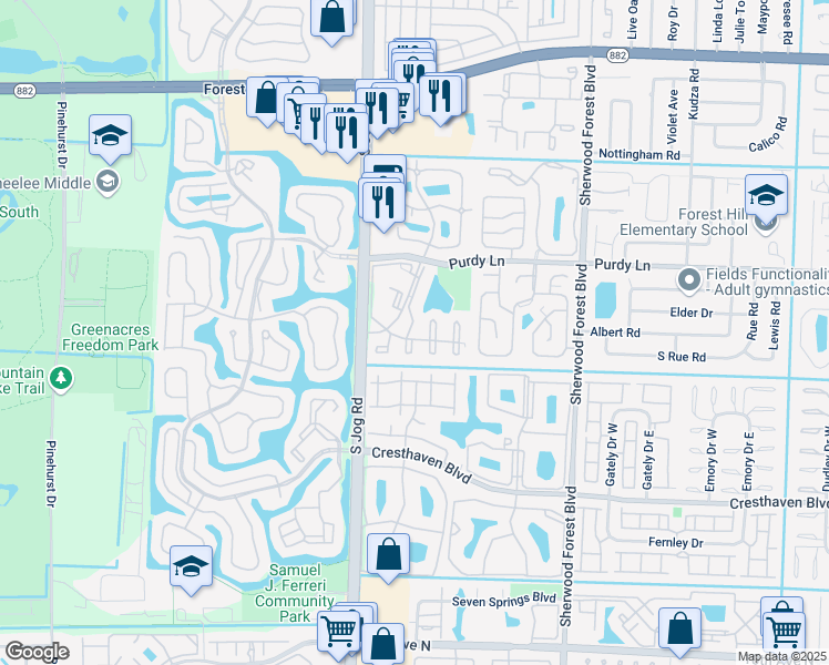 map of restaurants, bars, coffee shops, grocery stores, and more near 231 Foxtail Drive in Greenacres