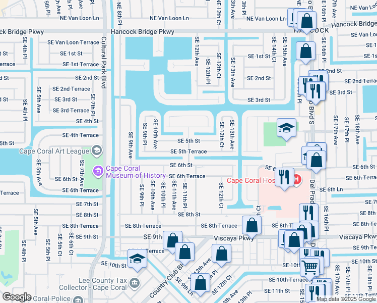 map of restaurants, bars, coffee shops, grocery stores, and more near 1098 Southeast 5th Terrace in Cape Coral