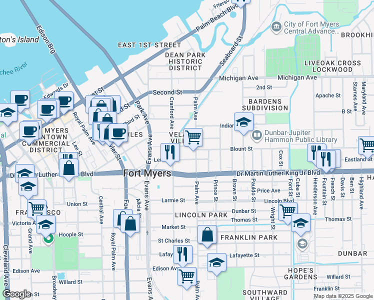 map of restaurants, bars, coffee shops, grocery stores, and more near 2771 Orange Street in Fort Myers