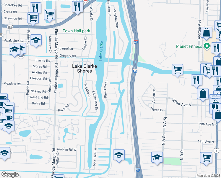 map of restaurants, bars, coffee shops, grocery stores, and more near 1410 Beta Court North in West Palm Beach