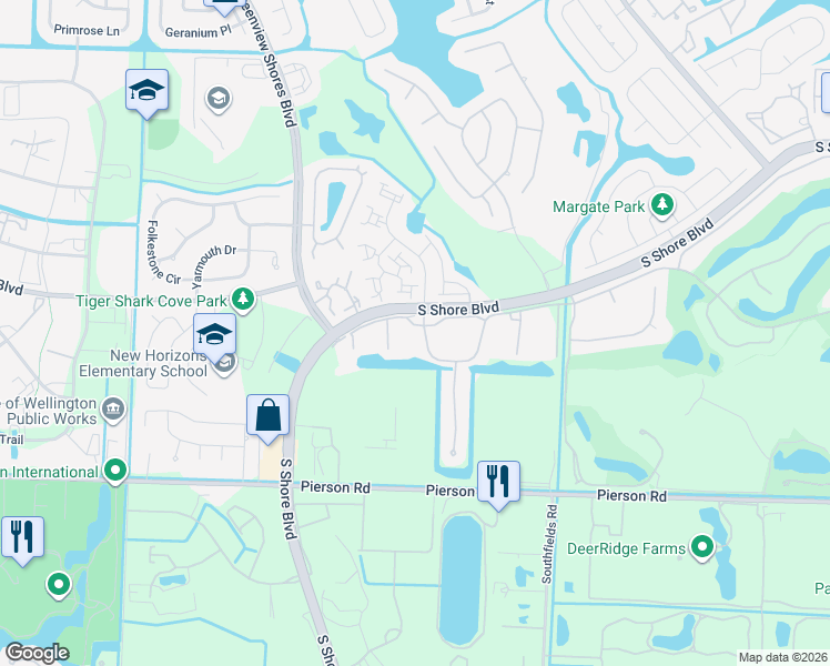 map of restaurants, bars, coffee shops, grocery stores, and more near 13200 South Shore Boulevard in Wellington
