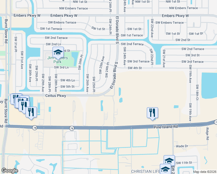map of restaurants, bars, coffee shops, grocery stores, and more near 340 El Dorado Boulevard South in Cape Coral