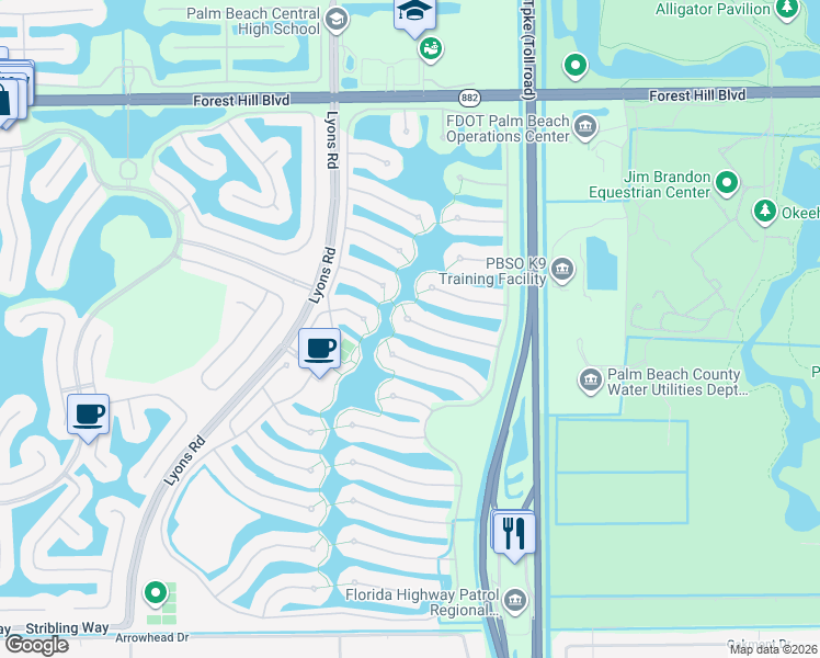 map of restaurants, bars, coffee shops, grocery stores, and more near 8164 Montserrat Place in Wellington