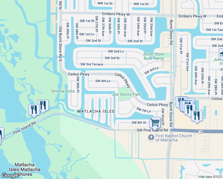 map of restaurants, bars, coffee shops, grocery stores, and more near 3602 Southwest 5th Street in Cape Coral