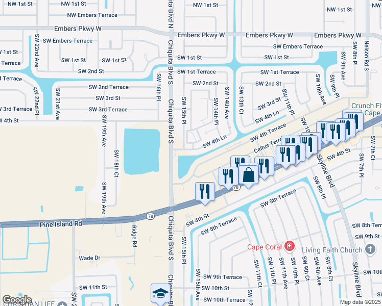 map of restaurants, bars, coffee shops, grocery stores, and more near 1458 Southwest 4th Lane in Cape Coral