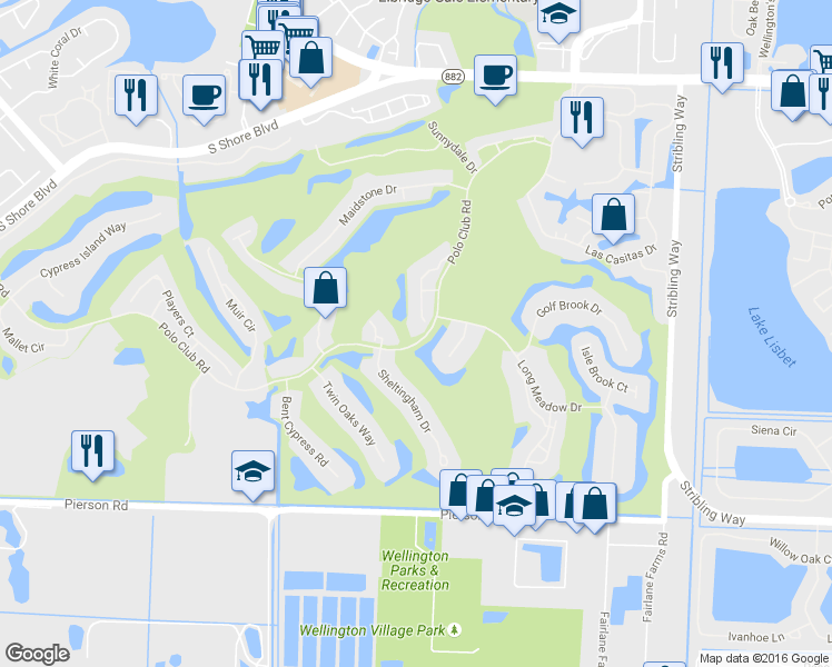map of restaurants, bars, coffee shops, grocery stores, and more near 2579 Windsor Way Court in Wellington