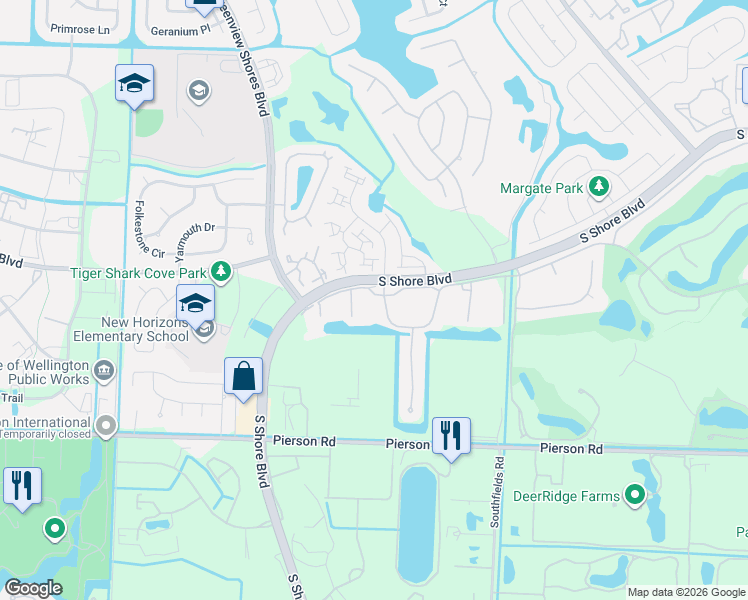 map of restaurants, bars, coffee shops, grocery stores, and more near 13358 South Shore Boulevard in Wellington