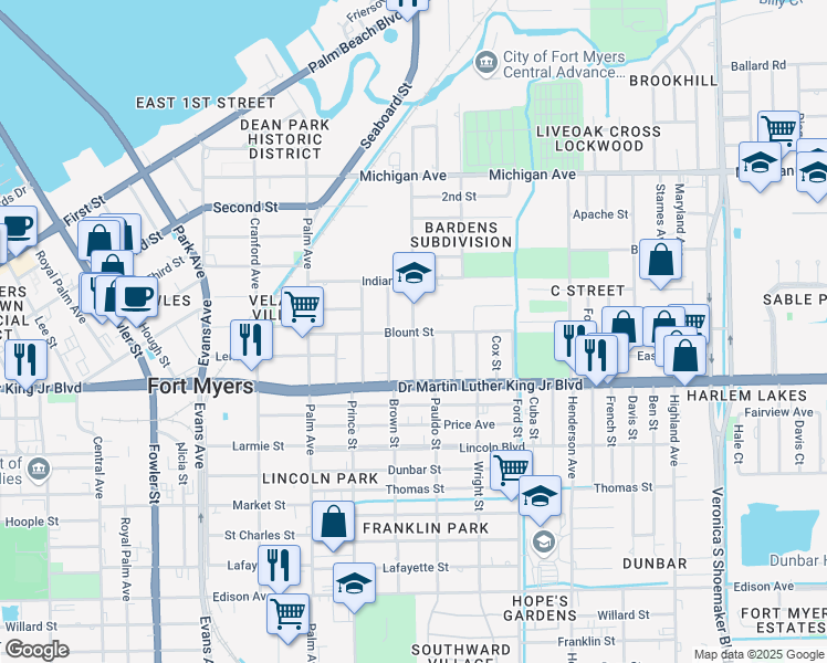 map of restaurants, bars, coffee shops, grocery stores, and more near 1899 High Street in Fort Myers