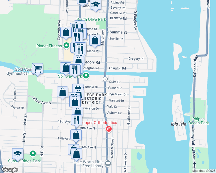 map of restaurants, bars, coffee shops, grocery stores, and more near 182 Vassar Drive in Lake Worth