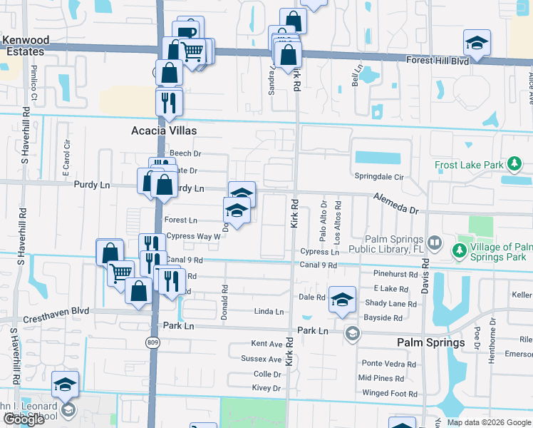 map of restaurants, bars, coffee shops, grocery stores, and more near 500 Village Green Circle West in Palm Springs