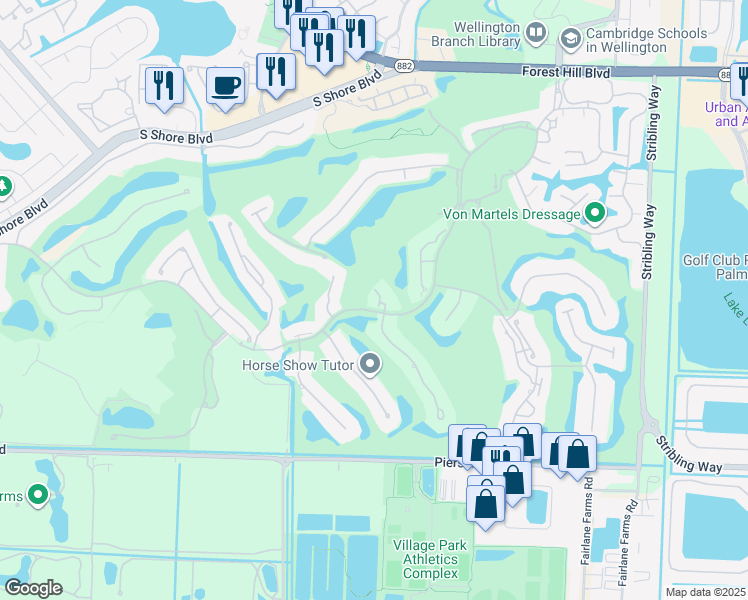 map of restaurants, bars, coffee shops, grocery stores, and more near 2560 Sheltingham Drive in Wellington