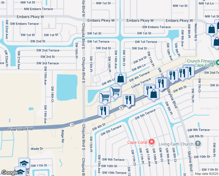 map of restaurants, bars, coffee shops, grocery stores, and more near 1429 Southwest 4th Terrace in Cape Coral