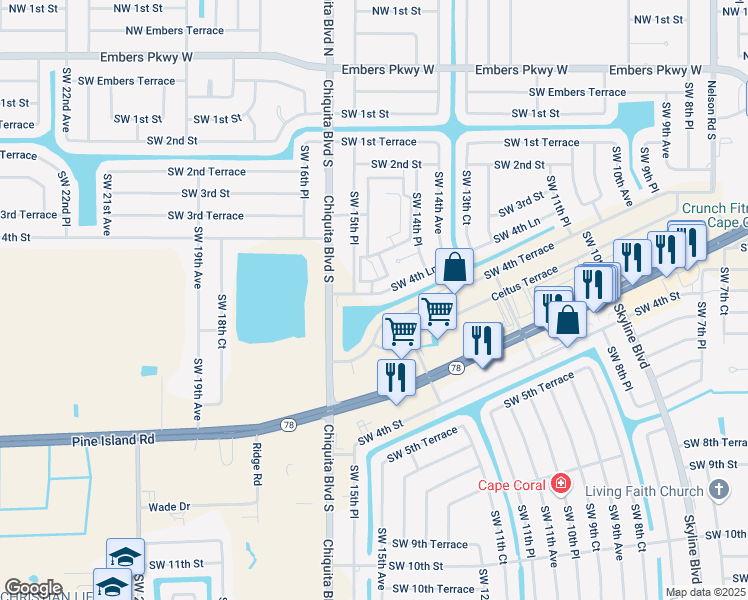 map of restaurants, bars, coffee shops, grocery stores, and more near 1458 Southwest 4th Lane in Cape Coral