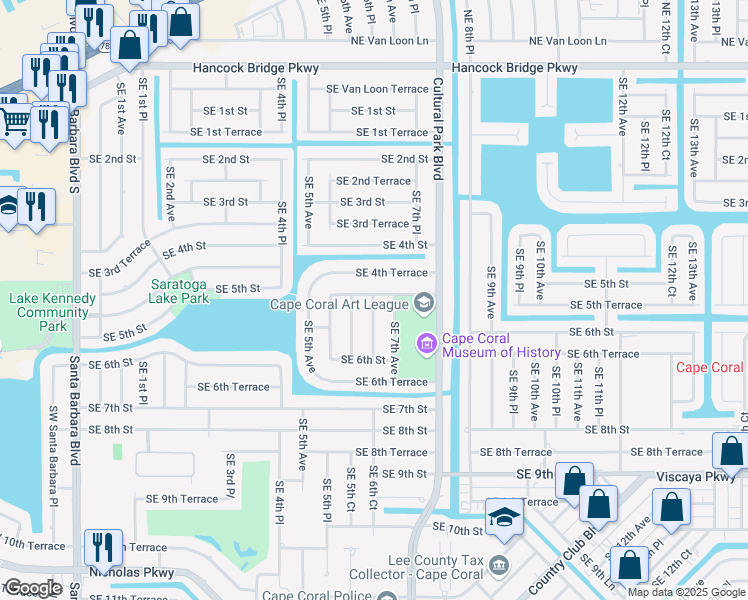 map of restaurants, bars, coffee shops, grocery stores, and more near 505 Southeast 6th Place in Cape Coral