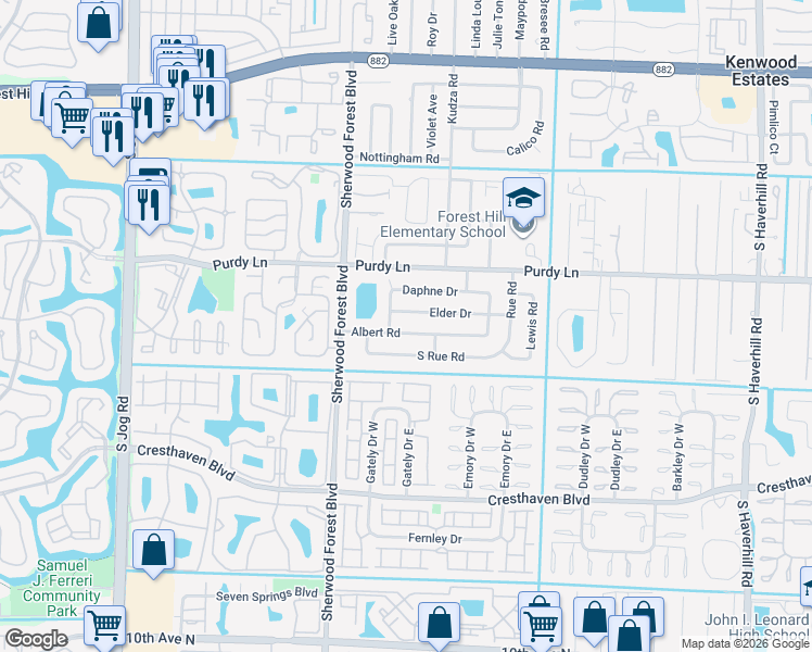 map of restaurants, bars, coffee shops, grocery stores, and more near 5841 Albert Road in West Palm Beach