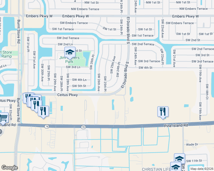 map of restaurants, bars, coffee shops, grocery stores, and more near 424 Southwest 25th Place in Cape Coral