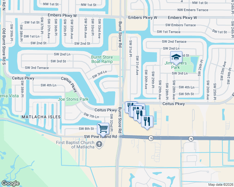 map of restaurants, bars, coffee shops, grocery stores, and more near 3206 Southwest 4th Lane in Cape Coral