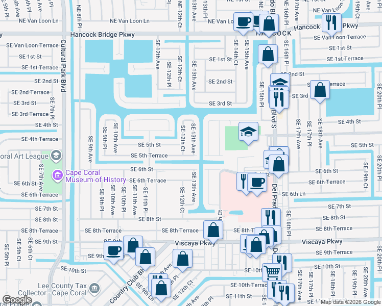 map of restaurants, bars, coffee shops, grocery stores, and more near 444 Southeast 13th Avenue in Cape Coral