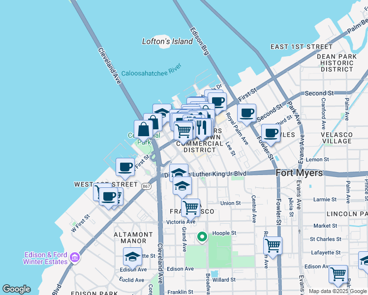map of restaurants, bars, coffee shops, grocery stores, and more near 1520 Broadway in Fort Myers