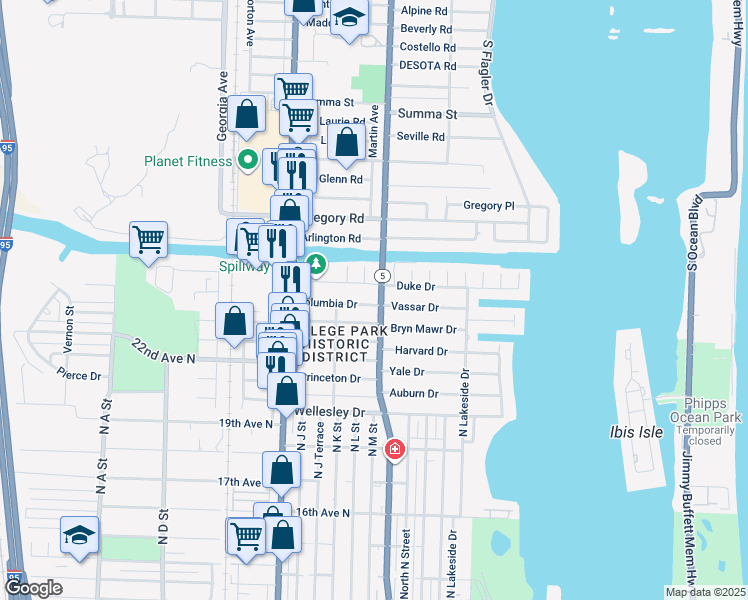 map of restaurants, bars, coffee shops, grocery stores, and more near 182 Vassar Drive in Lake Worth