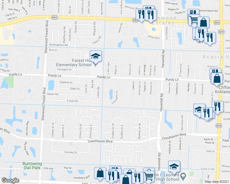 map of restaurants, bars, coffee shops, grocery stores, and more near 2357 Greengate Circle in West Palm Beach