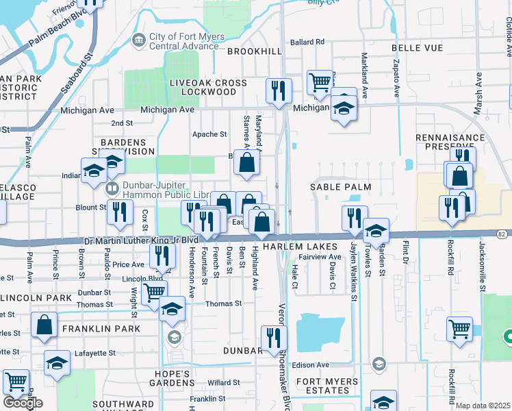 map of restaurants, bars, coffee shops, grocery stores, and more near 3505 Dale Street in Fort Myers