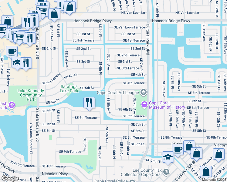 map of restaurants, bars, coffee shops, grocery stores, and more near 511 Southeast 5th Street in Cape Coral