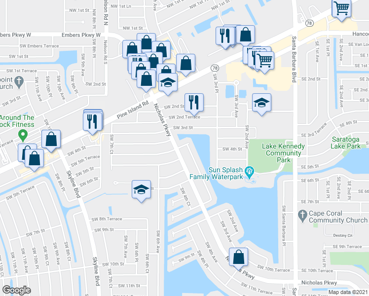map of restaurants, bars, coffee shops, grocery stores, and more near 402 Southwest 3rd Court in Cape Coral