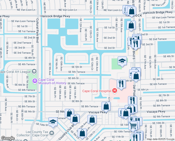 map of restaurants, bars, coffee shops, grocery stores, and more near 1205 Southeast 5th Terrace in Cape Coral