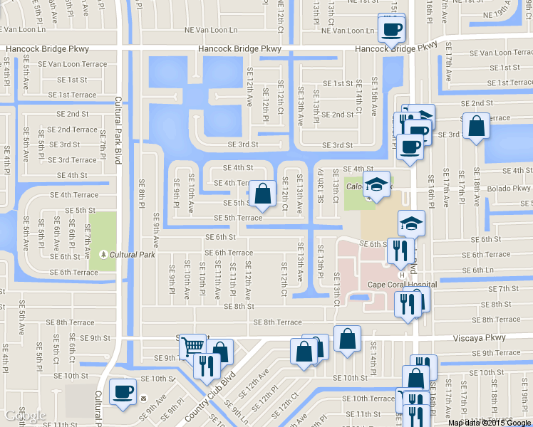 map of restaurants, bars, coffee shops, grocery stores, and more near 1201 Southeast 5th Terrace in Cape Coral