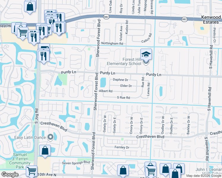map of restaurants, bars, coffee shops, grocery stores, and more near 2396 Daphne Drive in West Palm Beach
