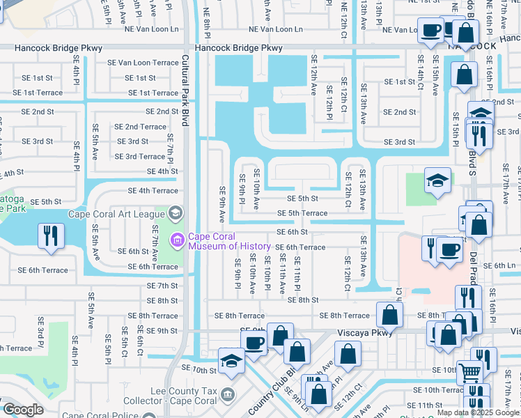 map of restaurants, bars, coffee shops, grocery stores, and more near 1003 Southeast 5th Terrace in Cape Coral