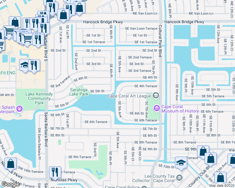 map of restaurants, bars, coffee shops, grocery stores, and more near 512 SE 5th Ave in Cape Coral