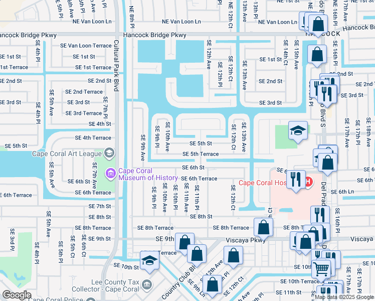 map of restaurants, bars, coffee shops, grocery stores, and more near 1027 Southeast 5th Terrace in Cape Coral