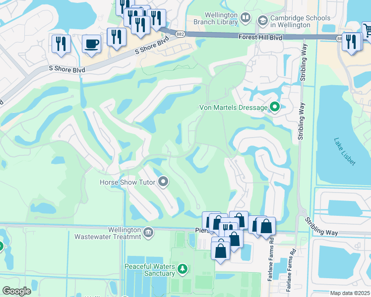 map of restaurants, bars, coffee shops, grocery stores, and more near 2571 Windsor Way Court in Wellington