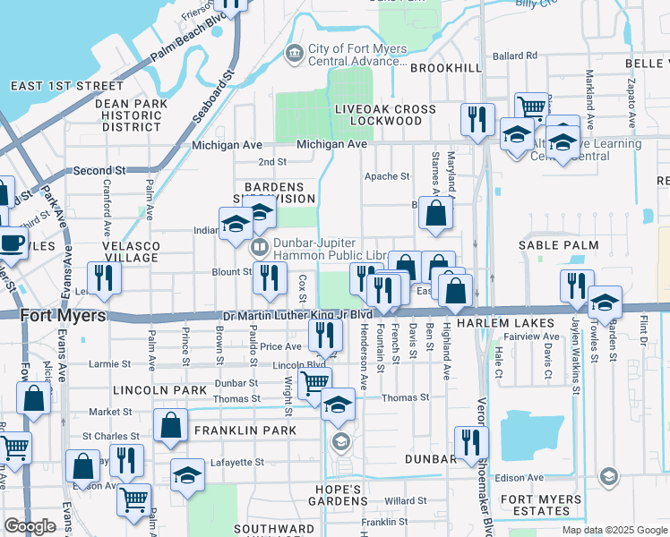 map of restaurants, bars, coffee shops, grocery stores, and more near 3240 Dale Street in Fort Myers